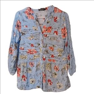 Blue Floral Lightweight Cotton Button Front Blouse Pleated Front Split Sleeves M